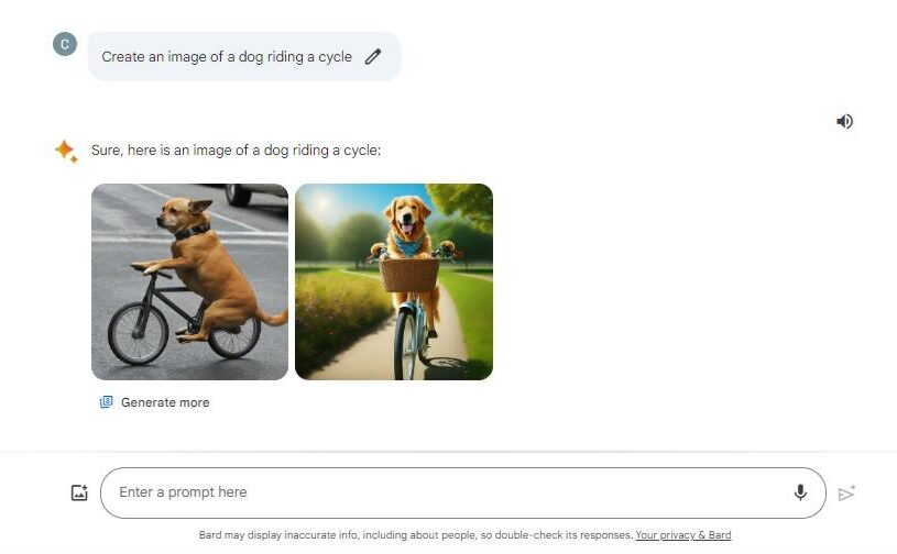 AI Image of a dog riding a cycle Created with Google Bard