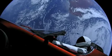 SpaceX Starman in Tesla Roadster Leaving Earth