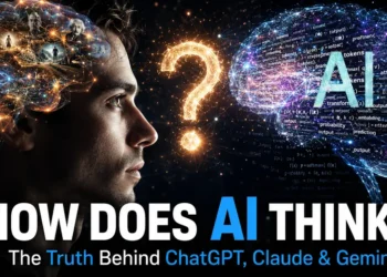 Illustration showing human thinking compared with AI, explaining how ChatGPT uses tokens, embeddings, attention, and transformers to predict words instead of thinking like a human.