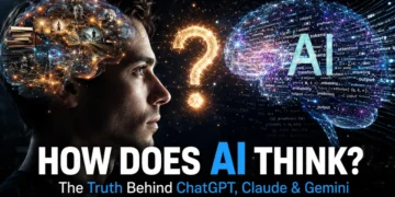 Illustration showing human thinking compared with AI, explaining how ChatGPT uses tokens, embeddings, attention, and transformers to predict words instead of thinking like a human.