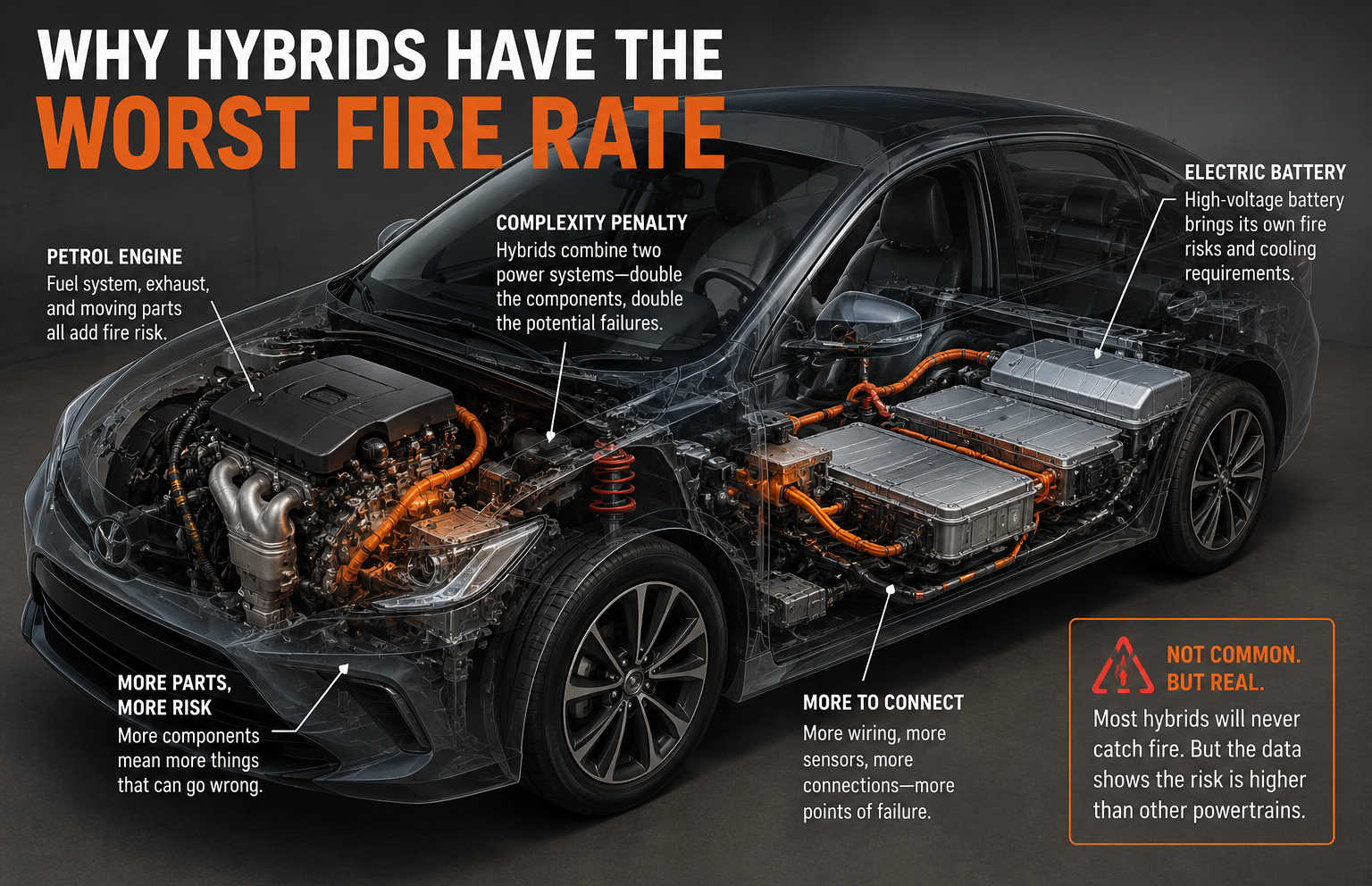Cutaway view of a hybrid vehicle showing both combustion engine and electric battery systems highlighting mechanical complexity and fire risk factors