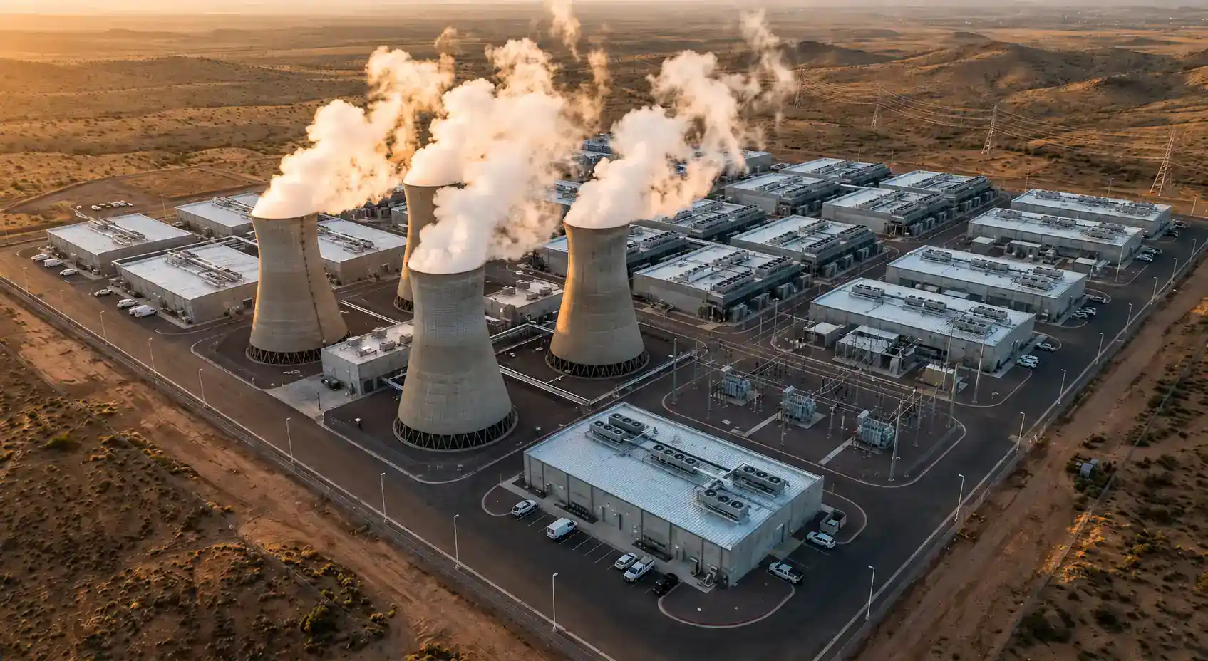 Large industrial cooling towers releasing steam next to a data center building