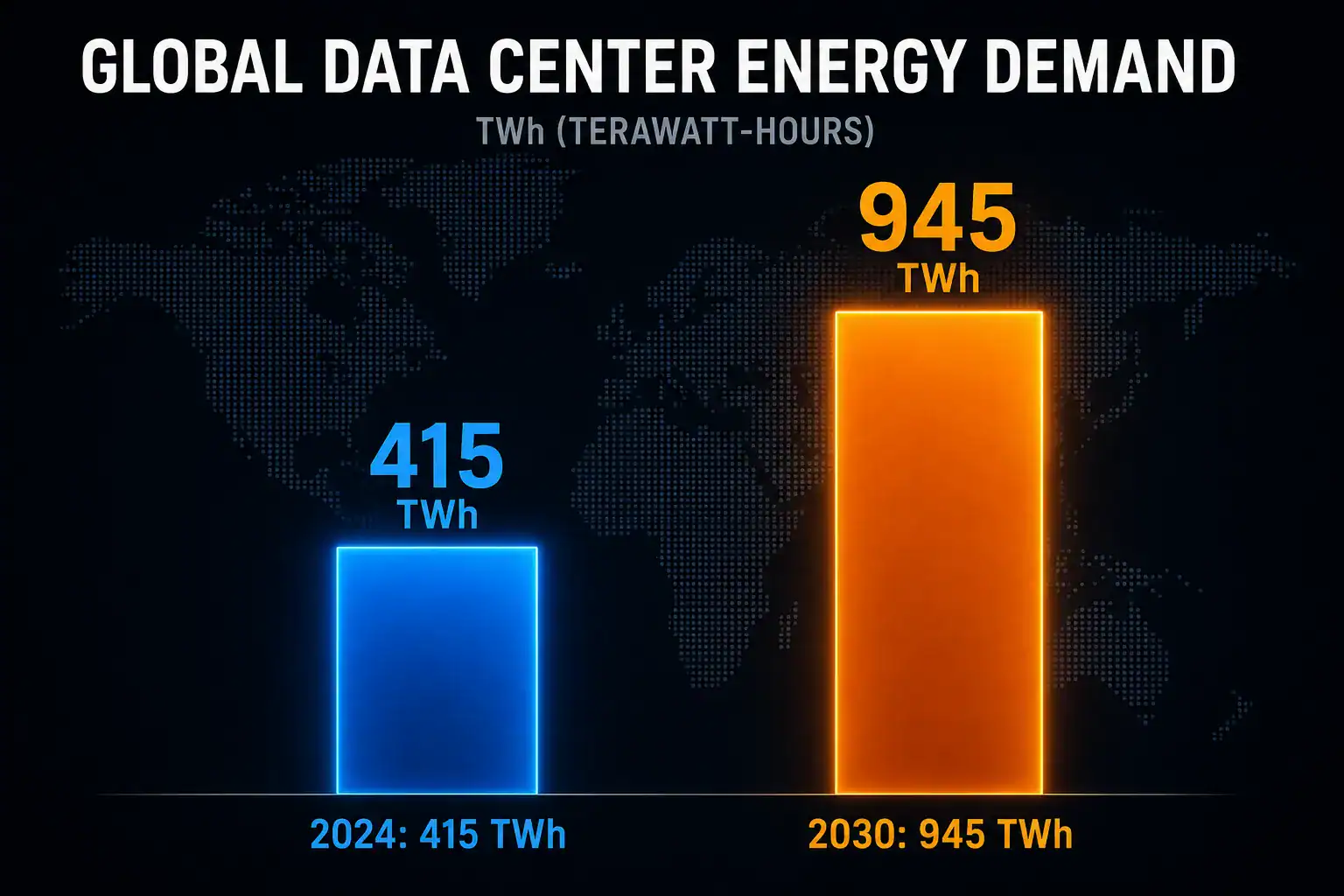 Infographic comparing global data center electricity use in 2024 at 415 TWh and projected 945 TWh by 2030