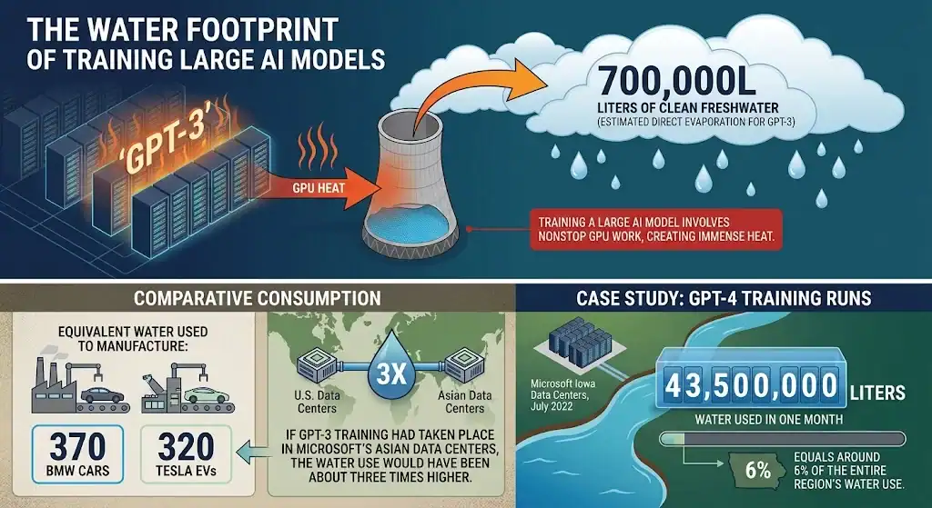 Conceptual illustration comparing the volume of water used to train GPT-3 with rows of standard water bottles arranged in a grid