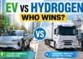 Hydrogen vs electric cars 2026 battery electric car charging next to hydrogen truck refuelling
