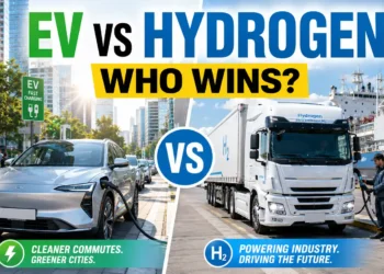 Hydrogen vs electric cars 2026 battery electric car charging next to hydrogen truck refuelling
