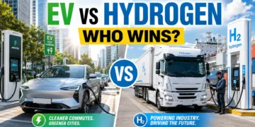 Hydrogen vs electric cars 2026 battery electric car charging next to hydrogen truck refuelling