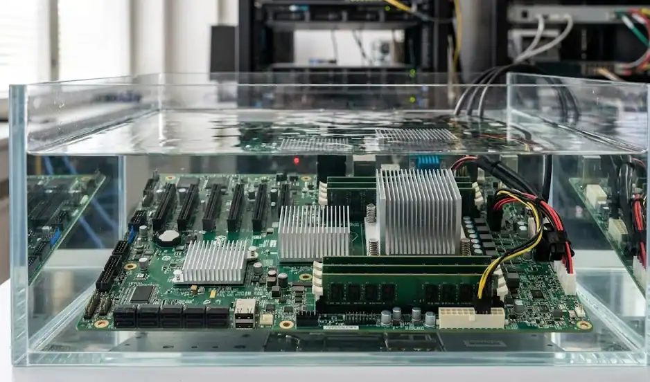 Server boards submerged in transparent dielectric liquid inside an immersion cooling tank at a data center