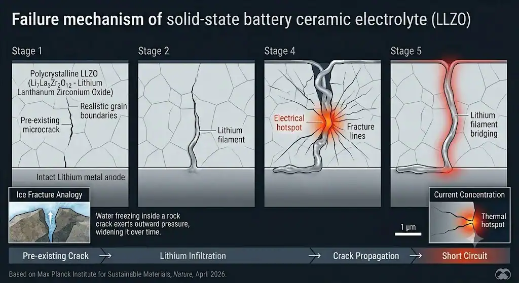Illustration showing a lithium dendrite forcing its way into a crack in a ceramic solid electrolyte, widening it from within — similar to how freezing water splits rock