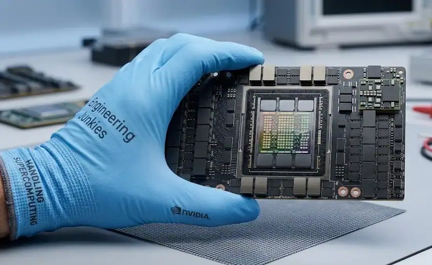 Close-up of NVIDIA H100 GPU chip on a circuit board showing high-density processor design
