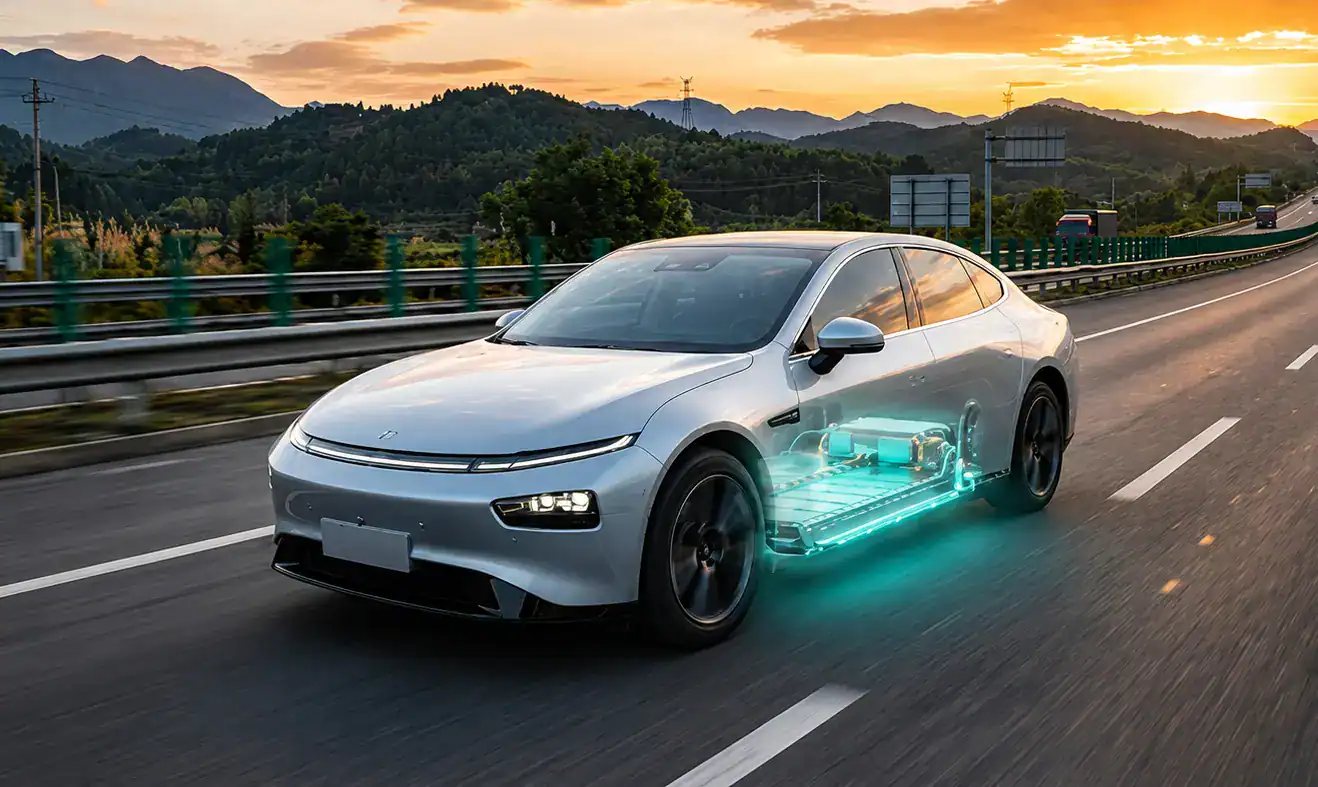 Electric sedan with a ghost-view of its semi-solid battery pack driving on an open highway, representing extended range EVs available in China today