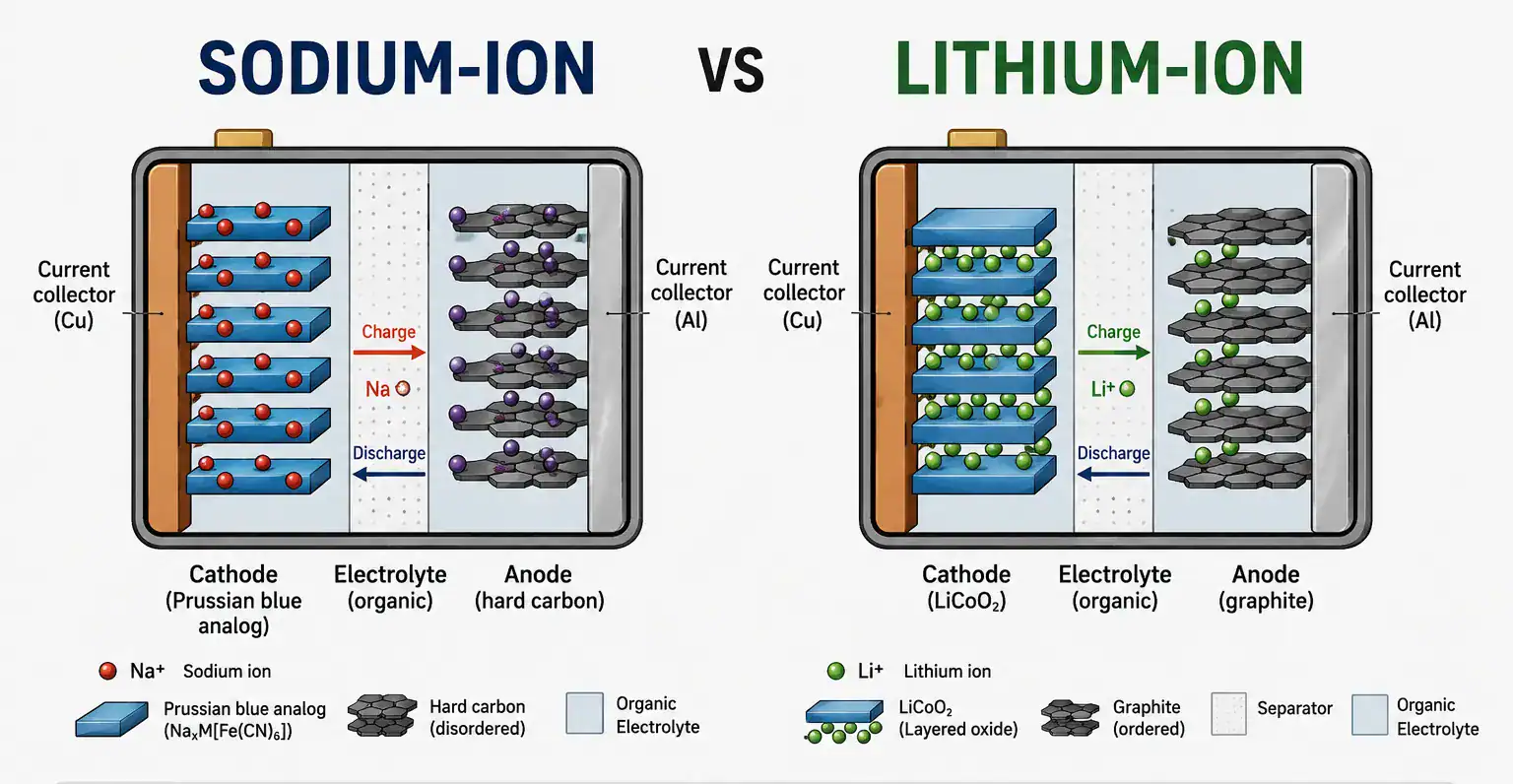 Scientific diagram comparing the crystal lattice structures of lithium-ion and sodium-ion batteries, showing the size difference between Li+ and Na+ ions within electrode layers
