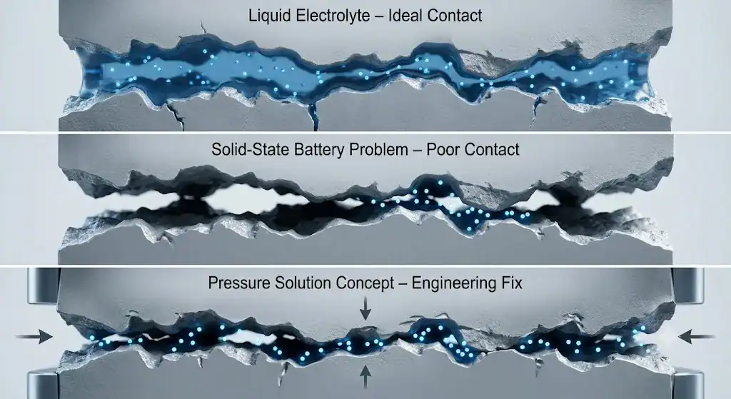 Microscopic illustration showing poor contact between solid battery layers with air gaps, compared to liquid electrolyte filling all gaps completely
