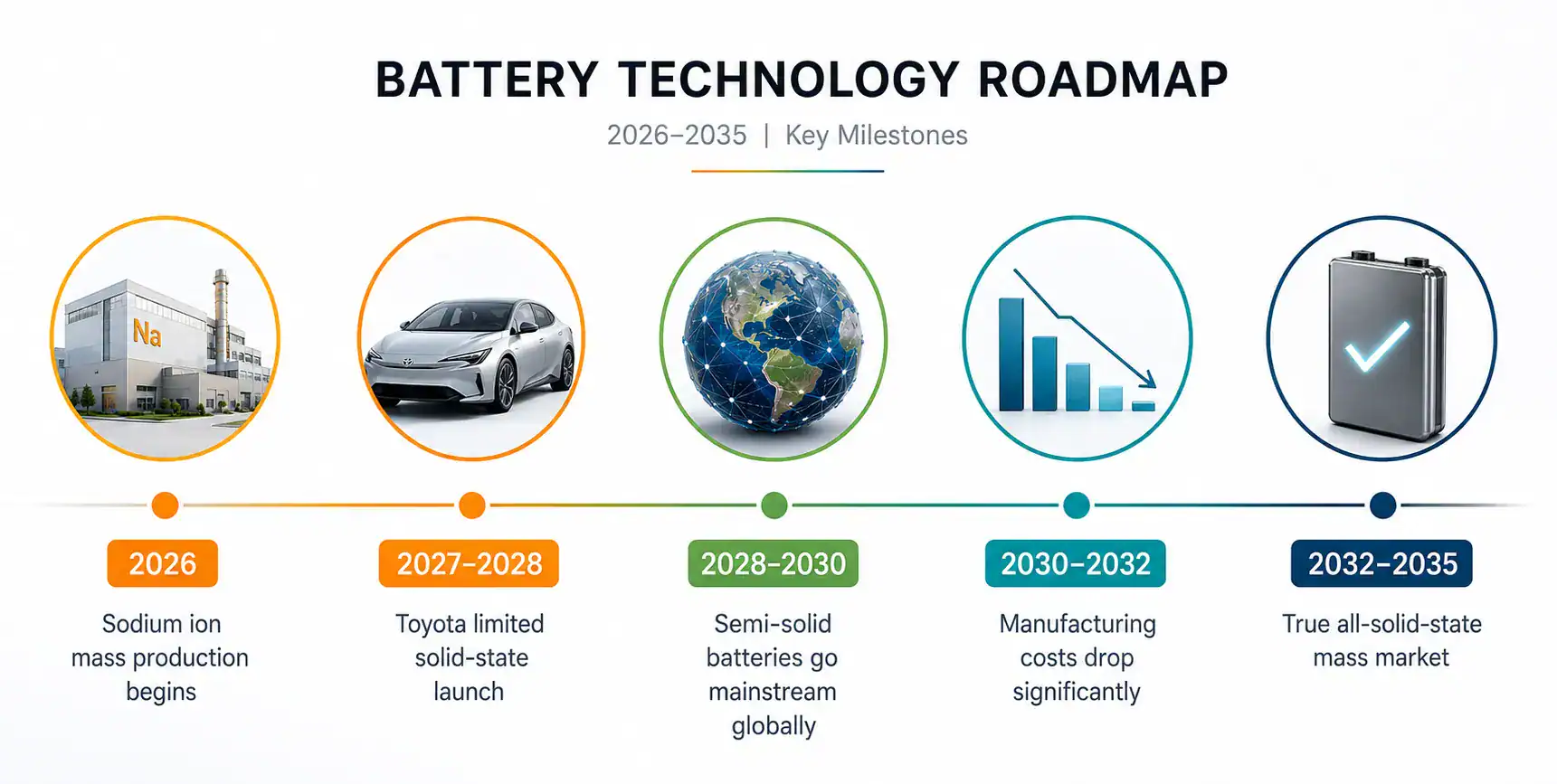 Horizontal timeline infographic showing key solid-state and sodium-ion battery milestones from 2026 through 2035, from mass production start to mainstream EV adoption
