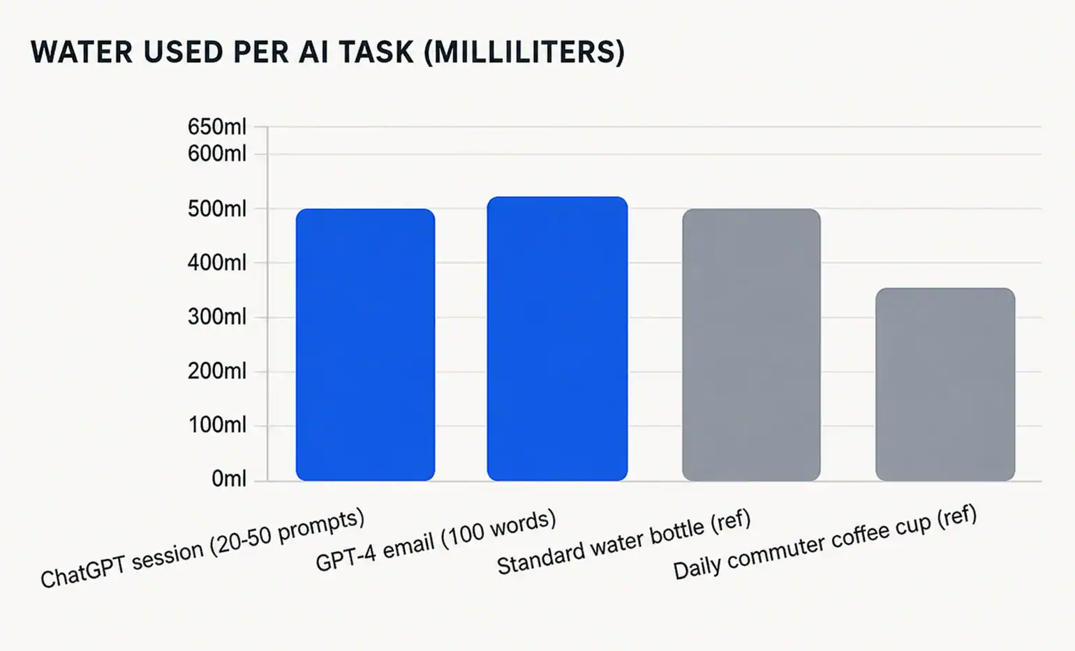 Bar chart comparing water used per AI task: ChatGPT session ~500ml, GPT-4 email ~519ml.