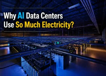 Aerial interior view of Google's Council Bluffs Iowa data center showing server rows cable trays and blue lighting