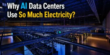 Aerial interior view of Google's Council Bluffs Iowa data center showing server rows cable trays and blue lighting