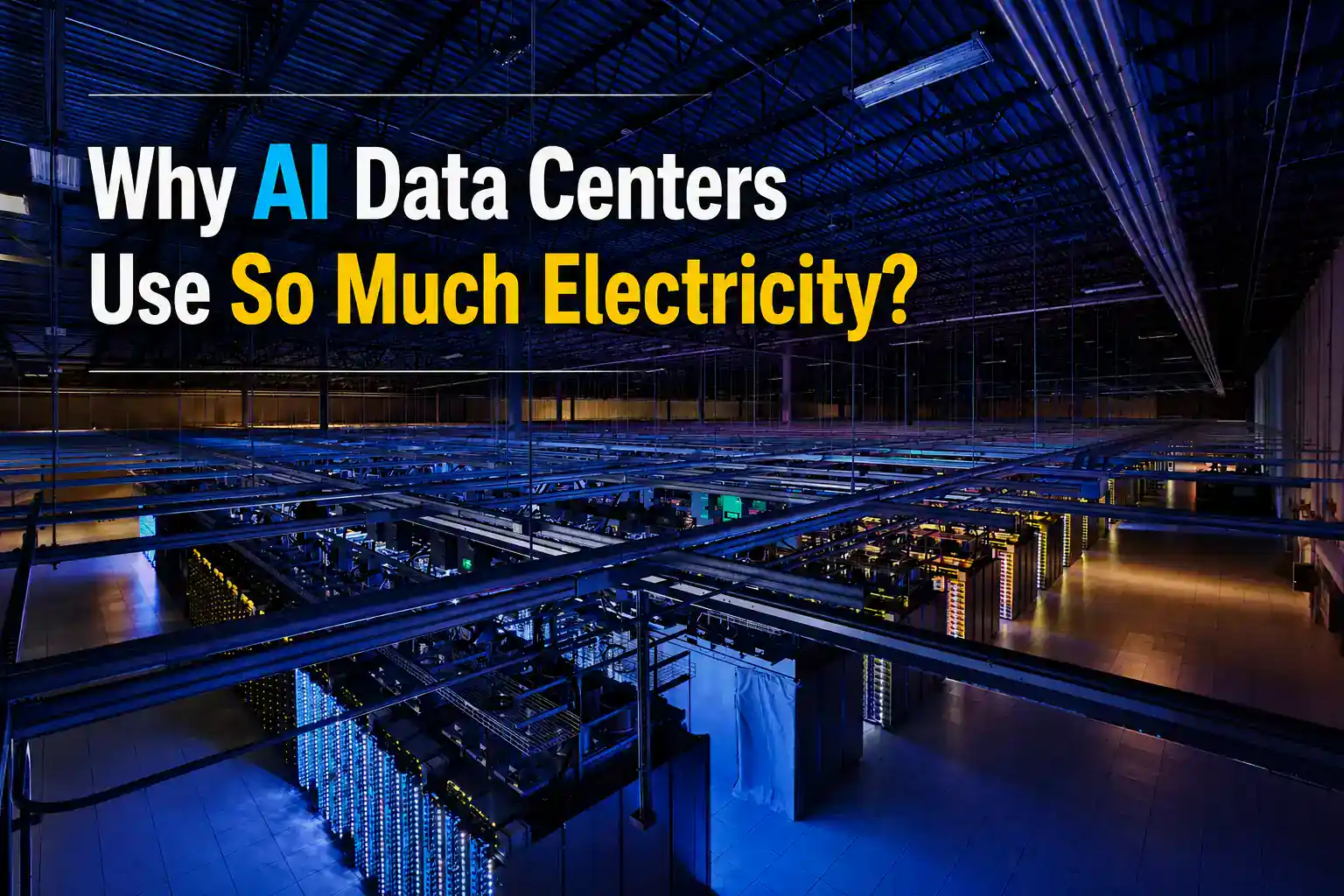 Aerial interior view of Google's Council Bluffs Iowa data center showing server rows cable trays and blue lighting