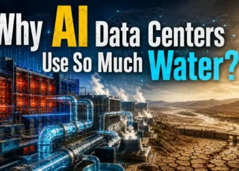 Futuristic AI data center using water cooling systems beside a drought-stricken landscape, illustrating the hidden water consumption and environmental impact of AI infrastructure.