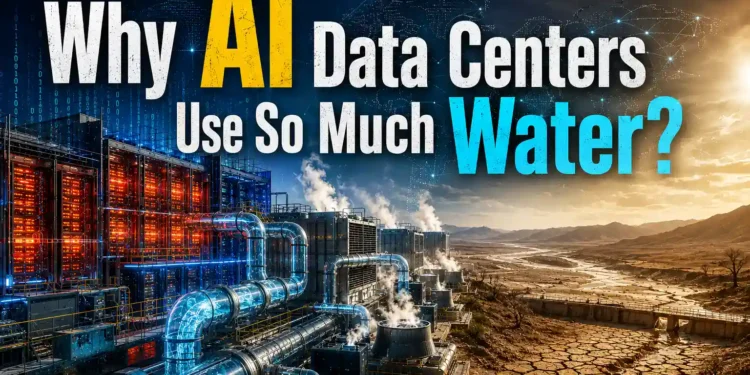 Futuristic AI data center using water cooling systems beside a drought-stricken landscape, illustrating the hidden water consumption and environmental impact of AI infrastructure.
