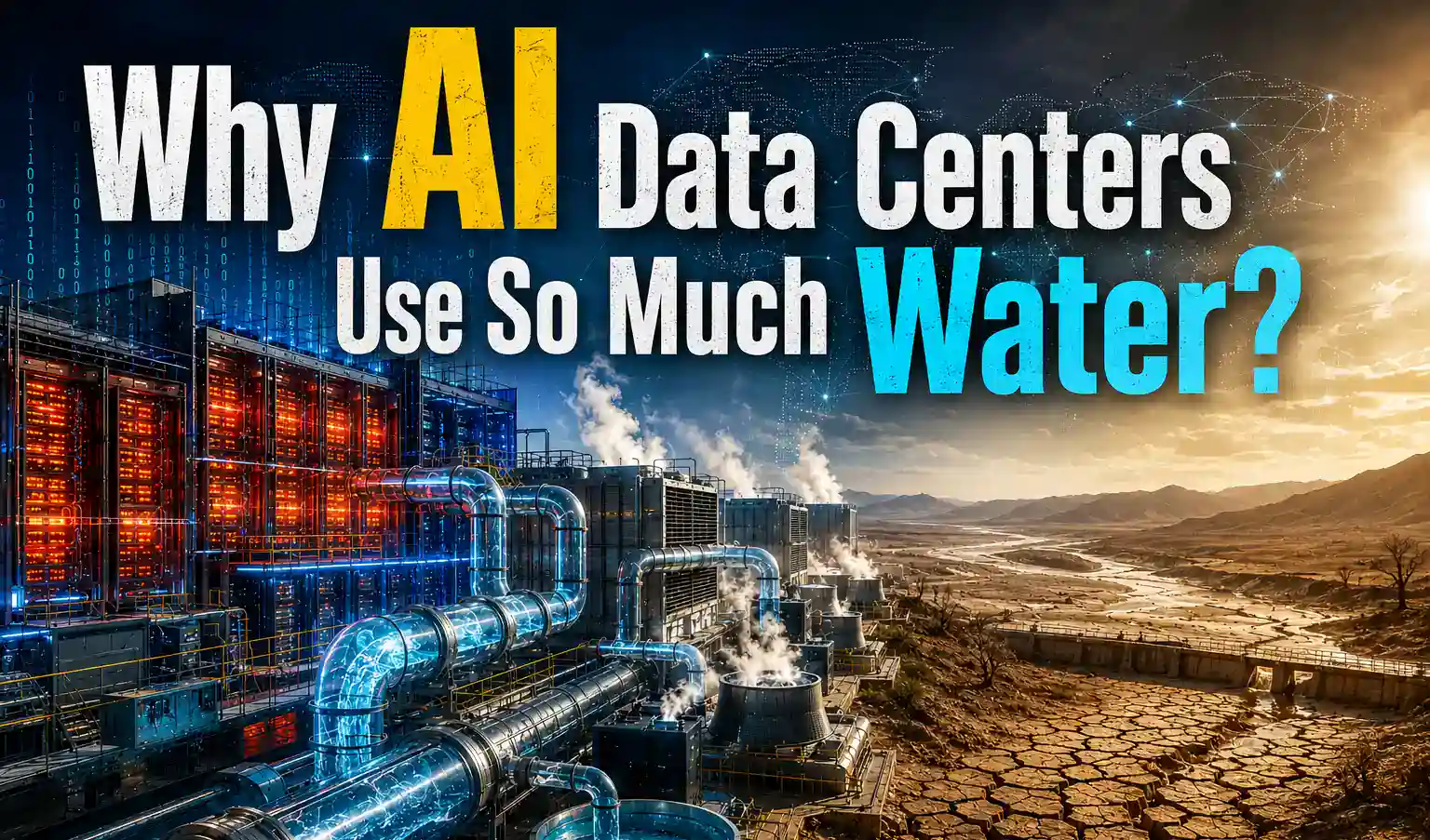 Futuristic AI data center using water cooling systems beside a drought-stricken landscape, illustrating the hidden water consumption and environmental impact of AI infrastructure.