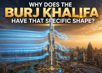 Why does the Burj Khalifa have that shape — full exterior view of the tower rising 828 meters above the Dubai skyline