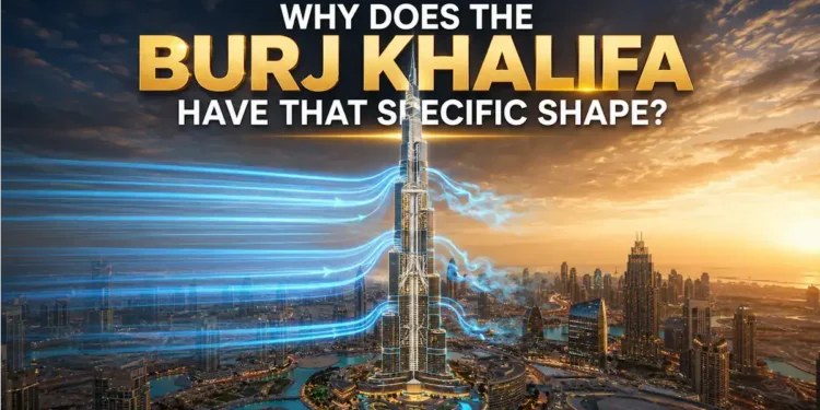 Why does the Burj Khalifa have that shape — full exterior view of the tower rising 828 meters above the Dubai skyline