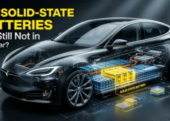 Transparent electric car cutaway showing internal EV battery pack with highlighted solid-state battery section, explaining why solid-state batteries are still not in production cars