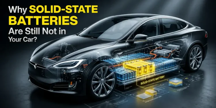 Transparent electric car cutaway showing internal EV battery pack with highlighted solid-state battery section, explaining why solid-state batteries are still not in production cars