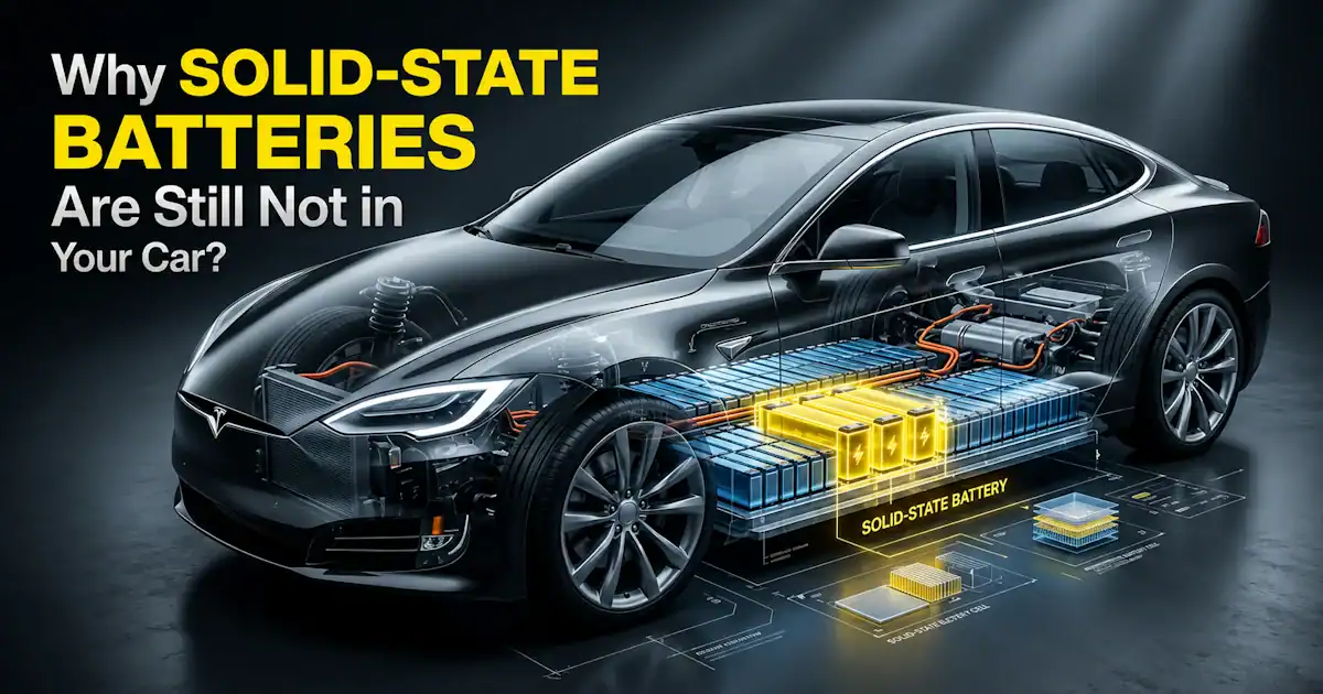 Transparent electric car cutaway showing internal EV battery pack with highlighted solid-state battery section, explaining why solid-state batteries are still not in production cars